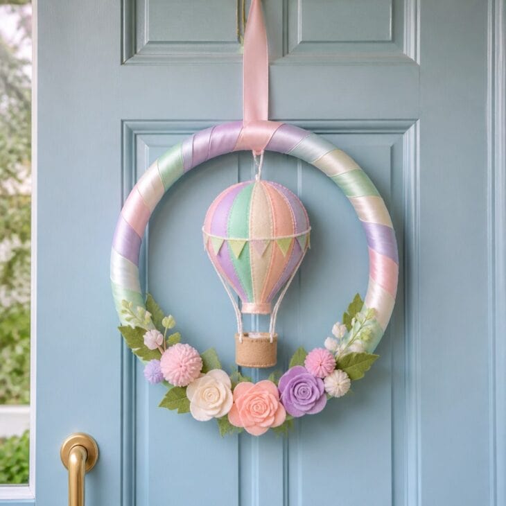 A balloon in the center of a wreath welcomes guests.