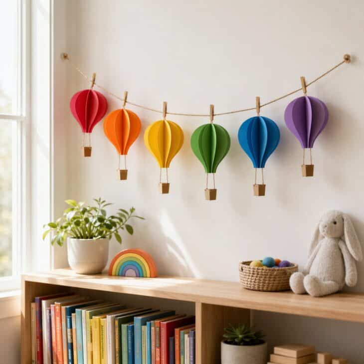 A row of small paper balloons turns a plain wall into a skyline.