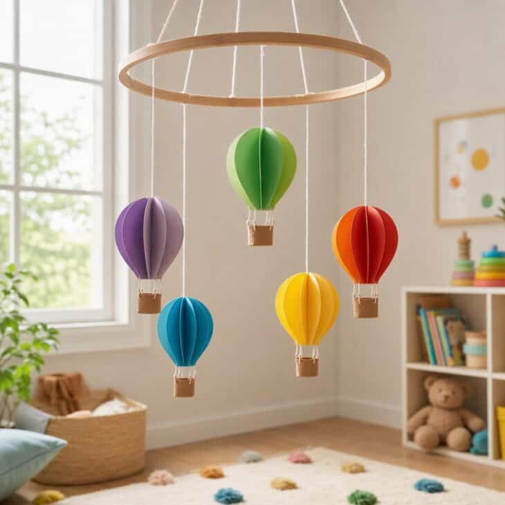 Five small balloons on thread turn a hoop into a sky.