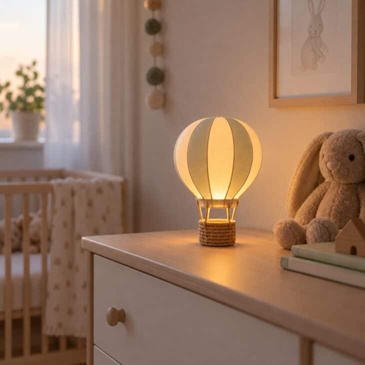 A dim amber glow lights the changing table without waking anyone.