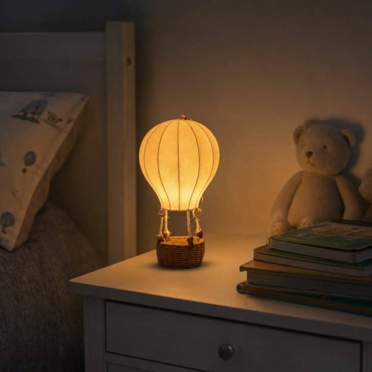 A glowing balloon keeps the room calm after dark.