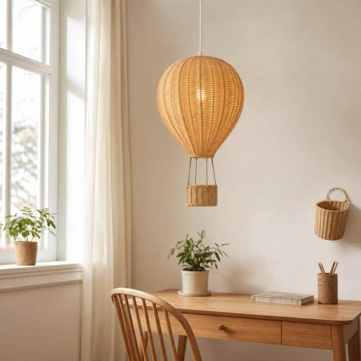 A woven shade turns a ceiling light into a balloon.