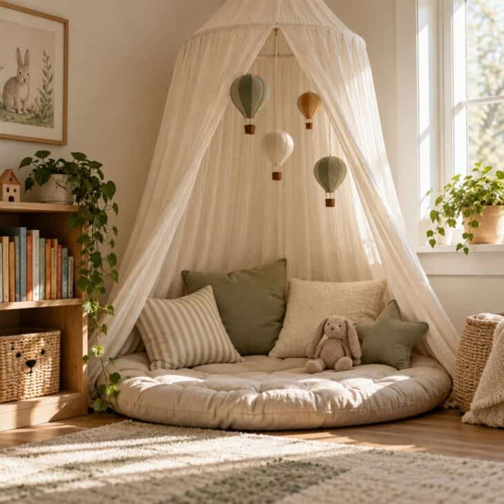 A canopy turns a corner into a reading nook.