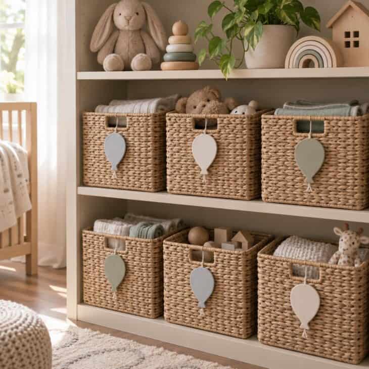 Baskets with balloon tags turn storage into decor.