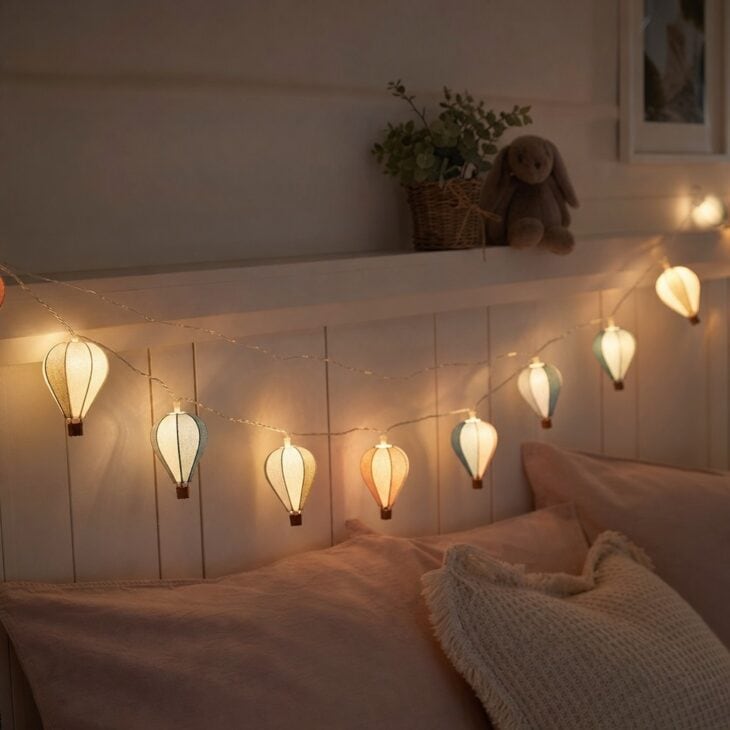 String lights make balloons glow after sunset.