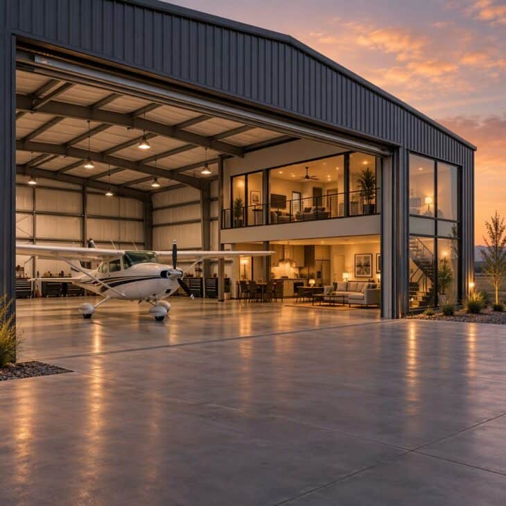 A hangar home puts the plane and the living space under one roof.