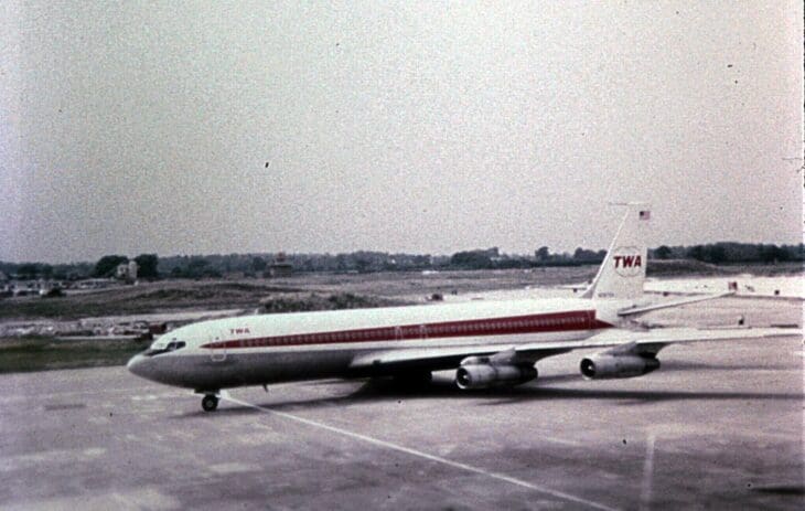 Trans World Airlines Boeing 707 taxiing on an airport apron