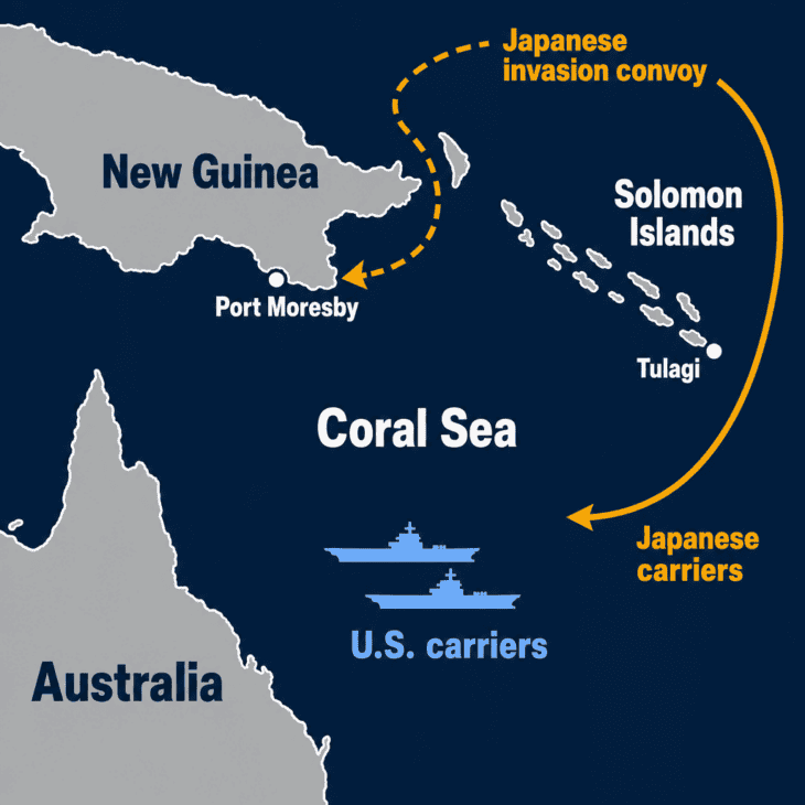 Japan's carriers came into the Coral Sea from the east, around the Solomons, while the Americans searched to the northwest.