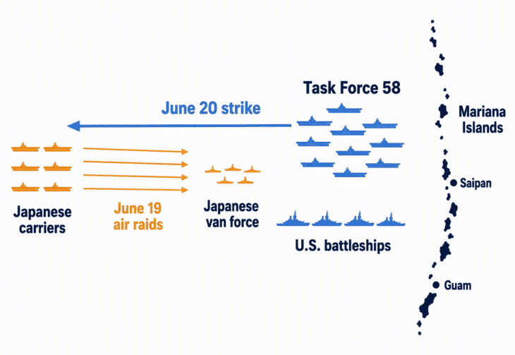 Japan attacked from the west on June 19; the American counterstrike flew west late on June 20.