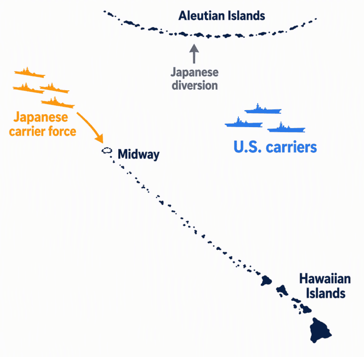The U.S. carriers waited northeast of Midway to ambush the Japanese carriers as they attacked the island.
