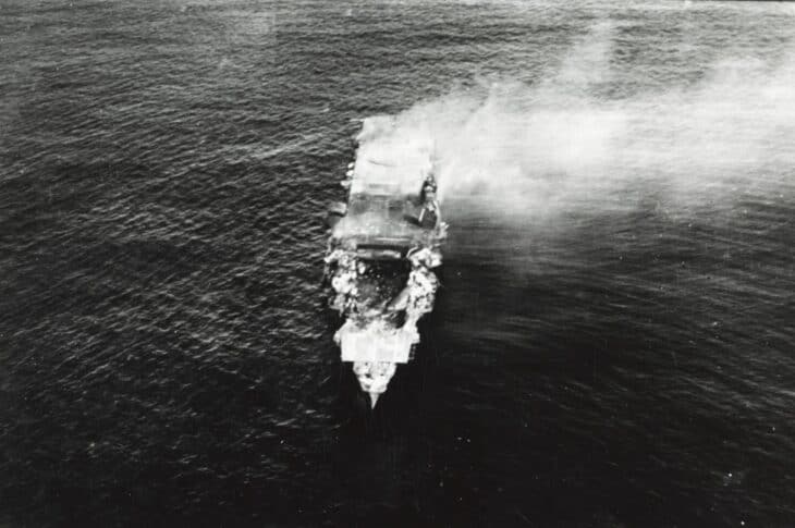 Japanese aircraft carrier Hiryu adrift and burning on June 5, 1942
