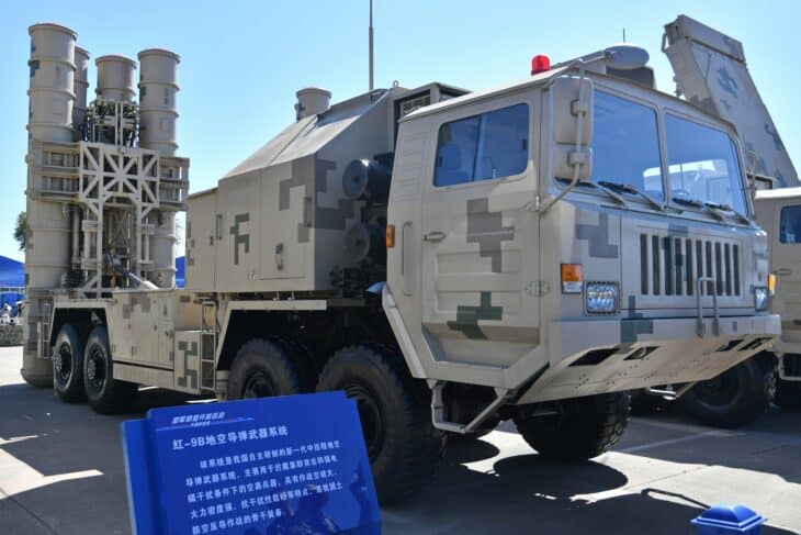 Chinese HQ-9B launcher truck in desert camouflage with its missile canisters visible