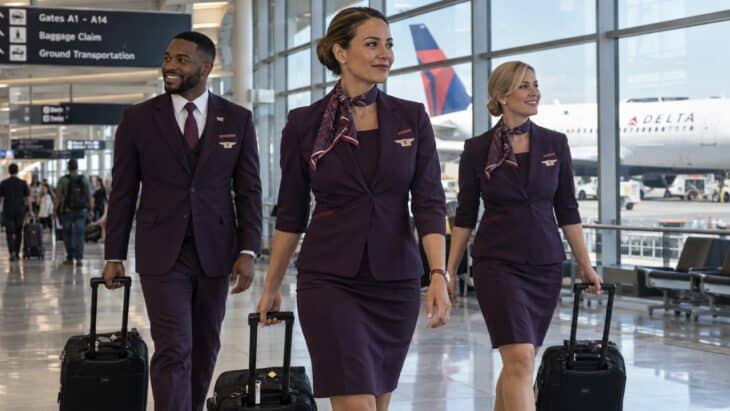 A Delta flight attendant in uniform walking through an airport terminal with two crew colleagues