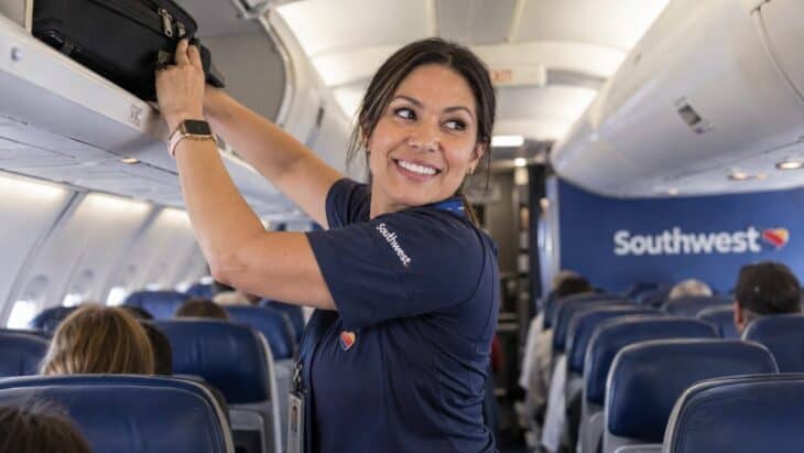 A Southwest flight attendant lifting a carry-on bag into an overhead bin