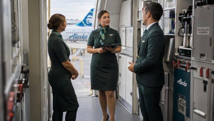 An Alaska flight attendant briefing two crew members in the galley