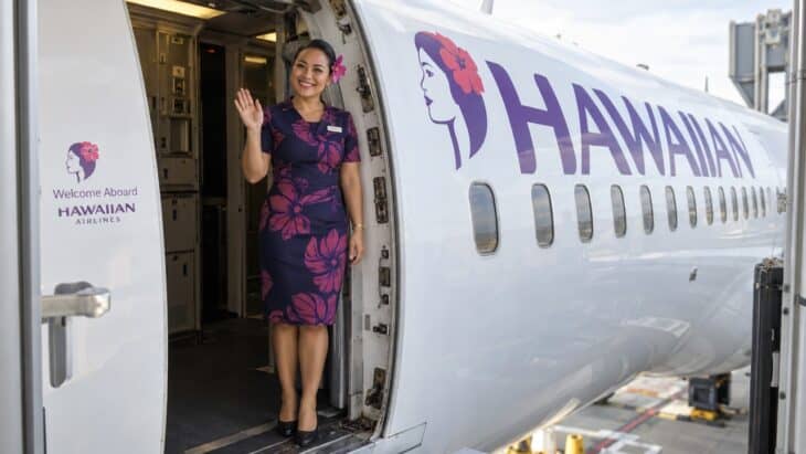A Hawaiian flight attendant in a floral uniform waving from the aircraft door