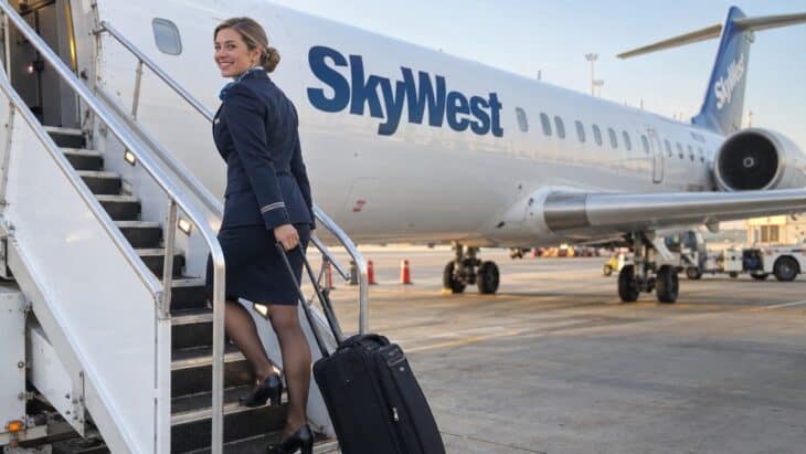 A SkyWest flight attendant climbing the air stairs of a regional jet
