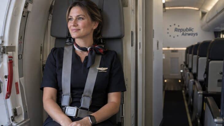 A Republic flight attendant seated on the jump seat with her harness fastened