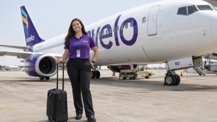 An Avelo flight attendant on the ramp next to a Boeing 737