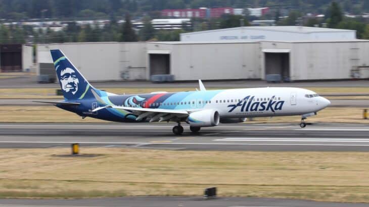 Alaska Airlines Boeing 737 MAX 9 in a special livery rolling out on the runway