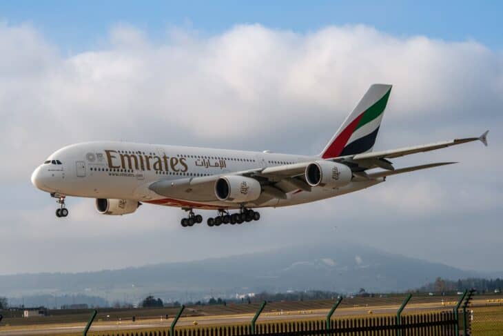 Emirates Airbus A380 on approach over hills