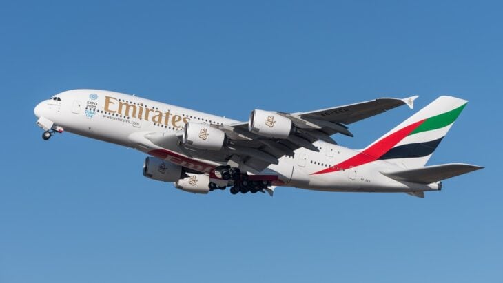 Emirates Airbus A380 climbing out of Munich