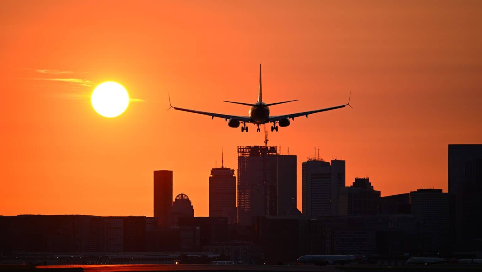 Airliner silhouetted against an orange sunset on final approach over the Boston skyline