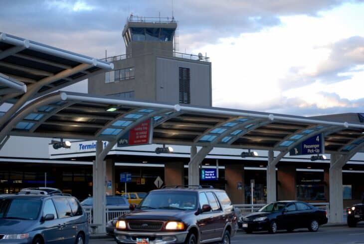 Salt Lake City International Airport terminal with its control tower and curbside canopy