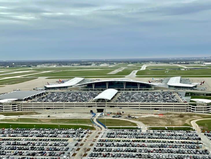 Terminal and concourses of Indianapolis International Airport seen from the control tower