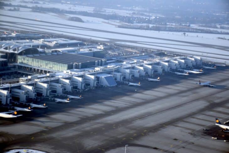 Aerial view of Terminal 2 at Munich Airport in winter
