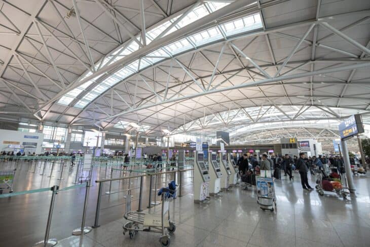 Departure hall check-in area in Terminal 1 at Seoul Incheon International Airport