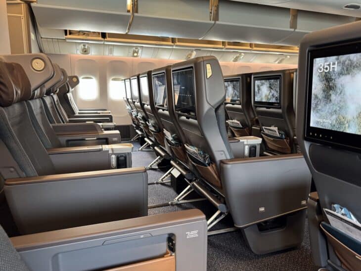 Rows of Cathay Pacific premium economy seats in the new 2-4-2 cabin of a Boeing 777-300ER