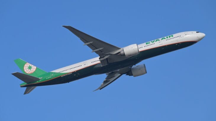 EVA Air Boeing 777-300ER B-16732 climbing after departing Taoyuan