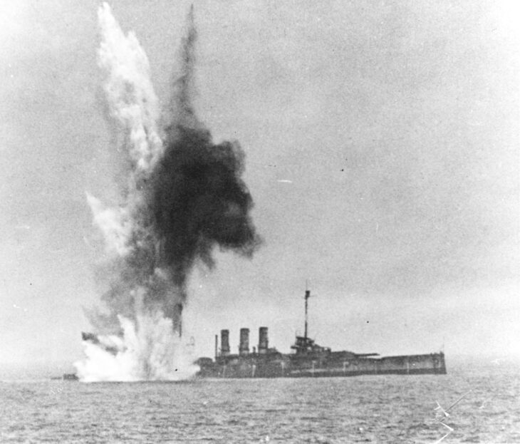A 2,000-pound bomb bursting beside the Ostfriesland during the July 1921 test