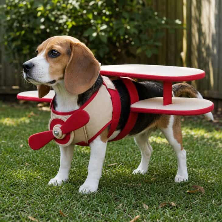 A beagle wearing a harness with stacked red and cream biplane wings across its back.
