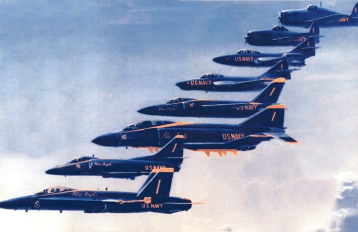 Blue Angels jets flown from 1946 onward lined up in a historic formation montage