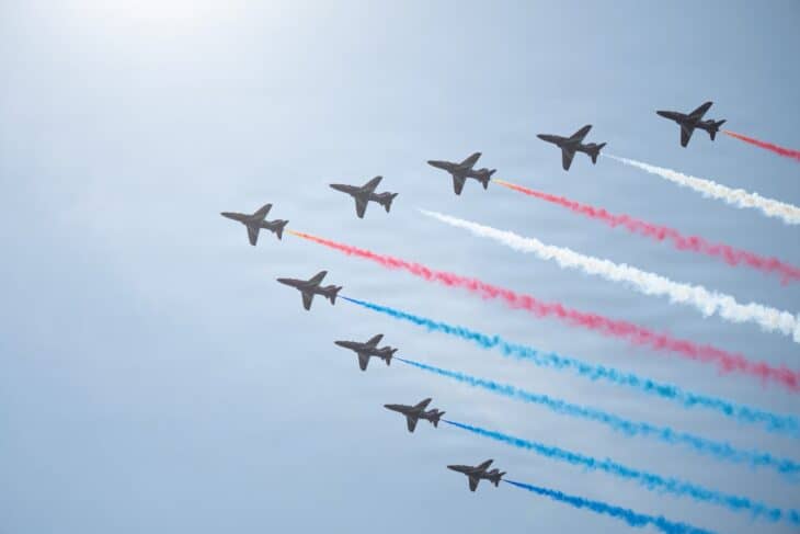 Red Arrows Hawks trailing red, white and blue smoke over the Hudson River