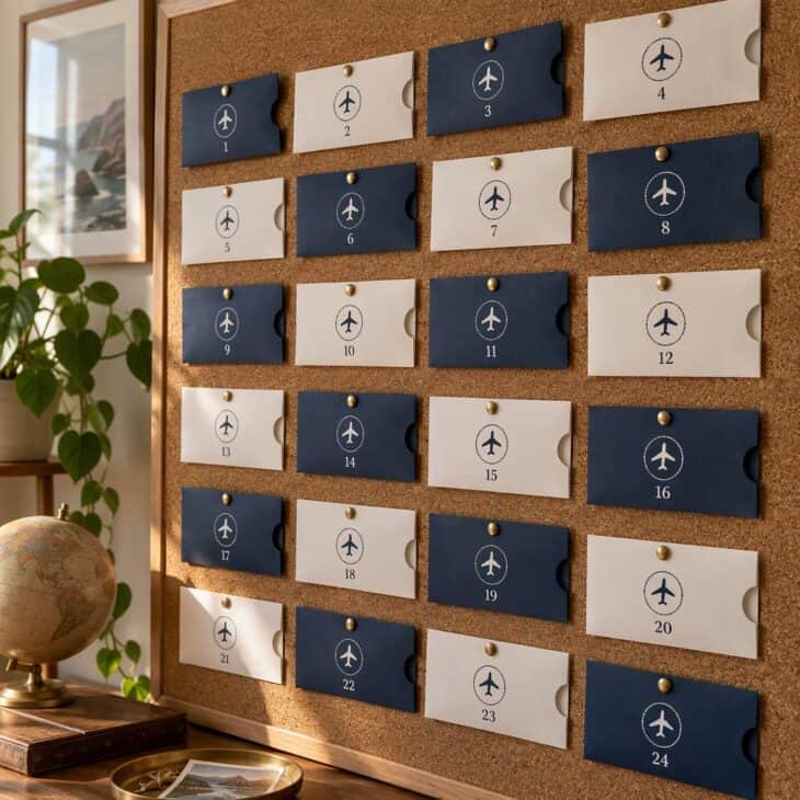 Boarding-pass-style envelopes pinned across a cork board.