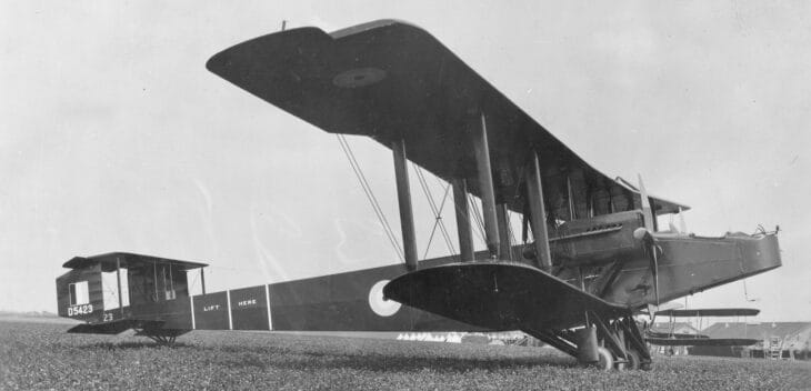 Handley Page O/400 bomber on the ground, side view