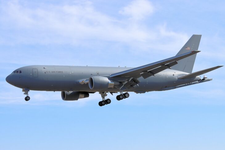 A U.S. Air Force KC-46 Pegasus on approach with its gear down.
