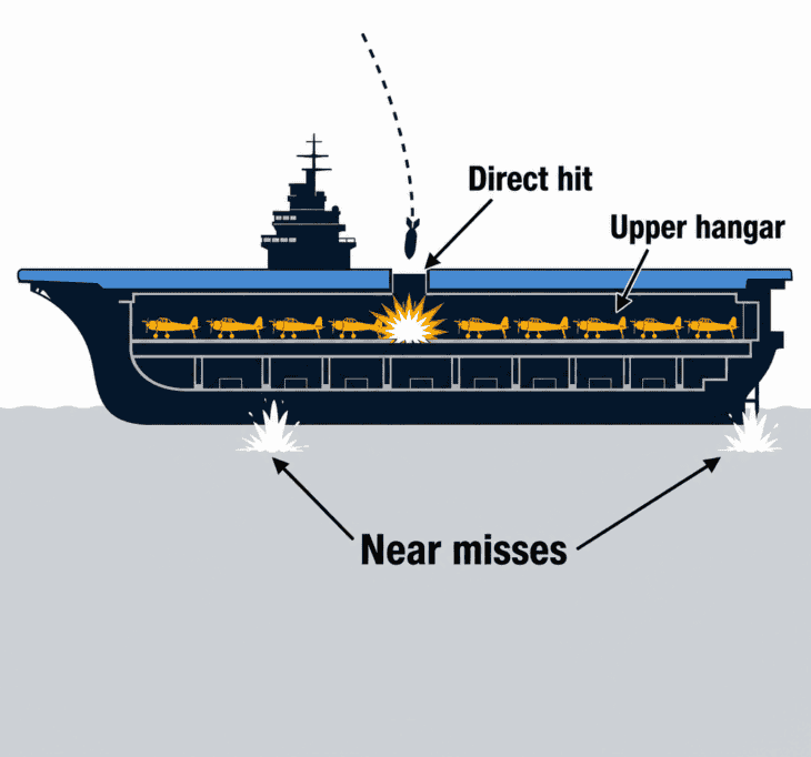 One bomb exploded among fueled and armed planes in the upper hangar; a near miss by the stern later jammed the rudder.