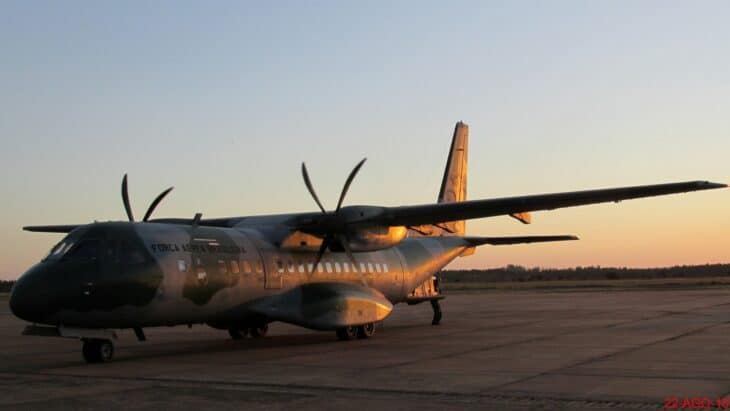 Brazilian Air Force C-105 Amazonas twin-turboprop on the ramp at sunset