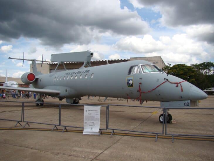 Brazilian Air Force E-99 airborne early warning aircraft on display with its Erieye radar spine