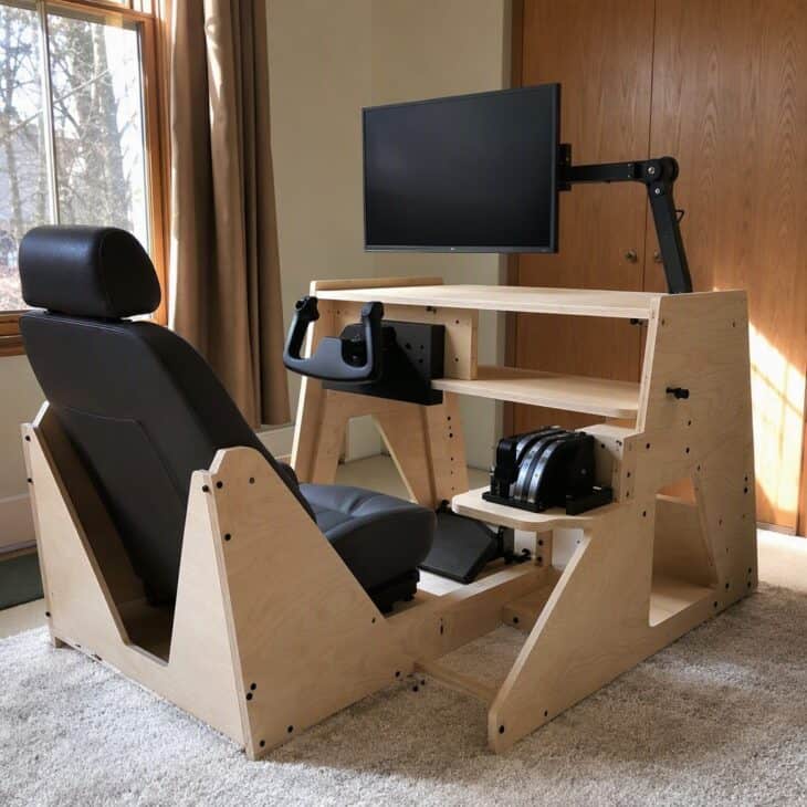 A plywood frame holds the seat, controls and screen in a fixed position.