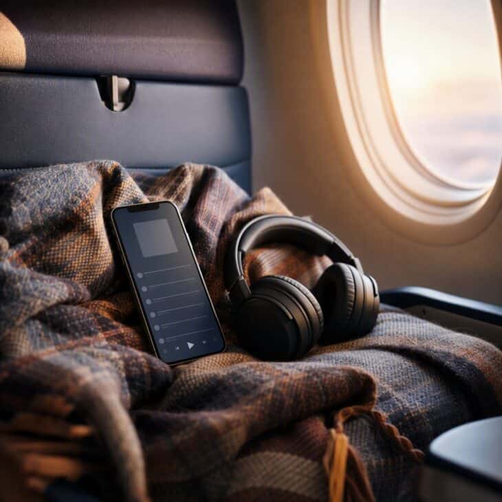Timing the playlist to the flight gives the hours a shape.