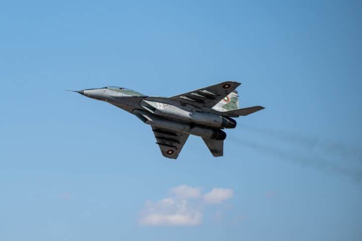 Bulgarian Air Force MiG-29 in flight, seen from below