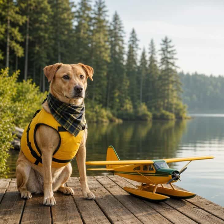 A Labrador mix in a bright yellow life vest sitting on a dock beside a toy floatplane.