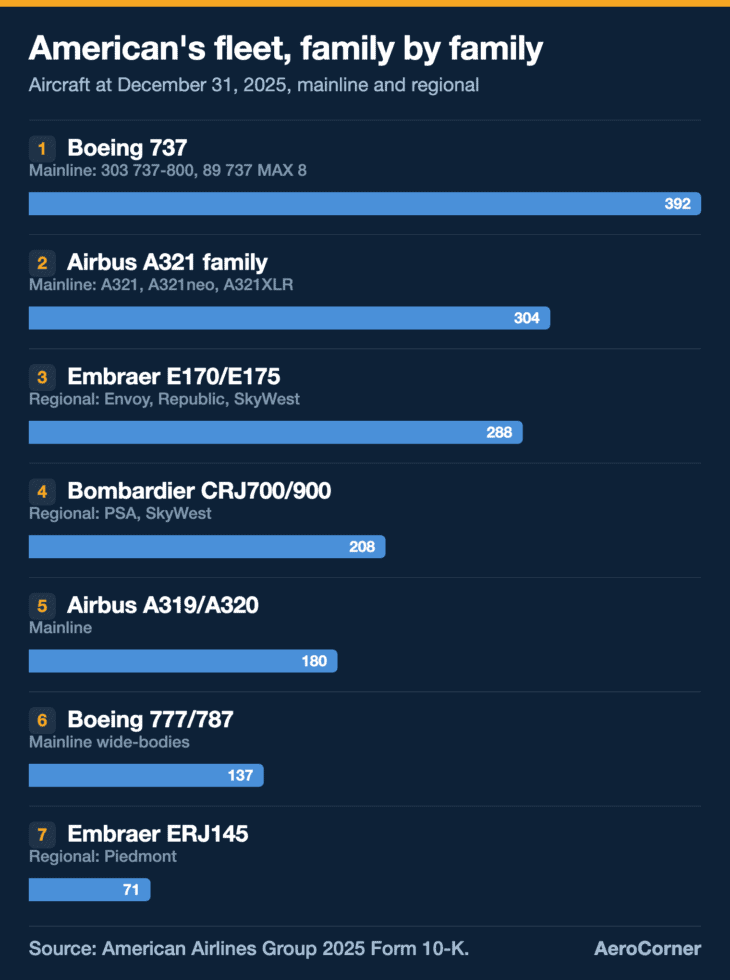 Grouped by family, the Boeing 737 leads American's fleet, and three of the seven biggest groups are regional jets.