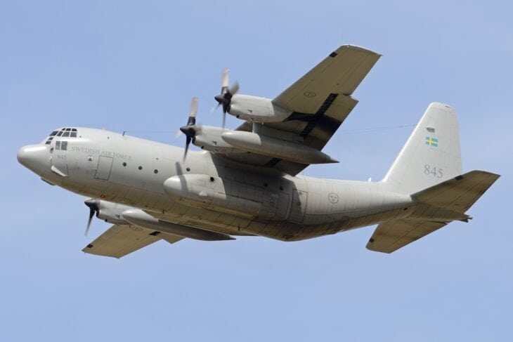 Swedish Air Force C-130H Hercules 84005 (tail 845) departing RAF Fairford after the 2017 Royal International Air Tattoo.