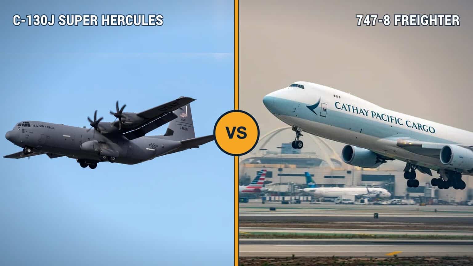 Lockheed Martin C-130J Super Hercules and Boeing 747-8 Freighter compared side by side